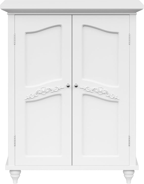 Teamson Home Versailles Wooden Freestanding Floor Storage Cabinet with 2 Adjustable Interior Shelves 3 Storage Spaces and 2 Floral Scroll Doors, White