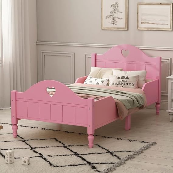 Macaron Twin Size Bed Frame with Side Safety Rails,Wooden Low Platform Bed Frame with Headboard/Footboard, Cama Twin Cute Mattress Foundation Compatible with Boys Girls, No Box Spring Need