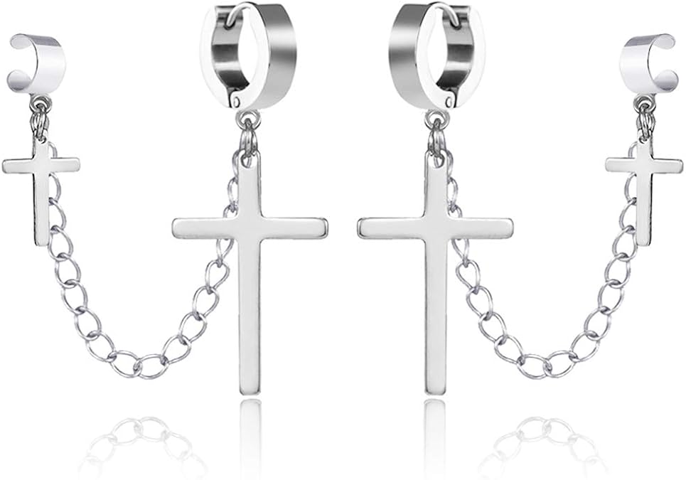 Ear Cuff Clip With Dangle Drop Cross Chain Earrings For Men Women Black Silver Stainless Steel Punk Cool Gothic Rock Fashion Cross Chain Earrings With Cuff Clip On Jewelry