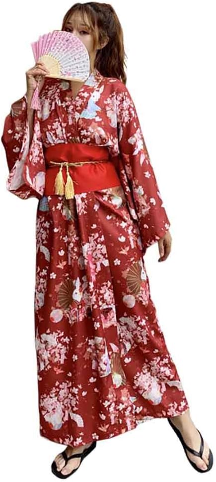 HongH Womens Floral Print Traditional Japanese Kimono Goldfish Obi Belt Blossom Robe Costume Set