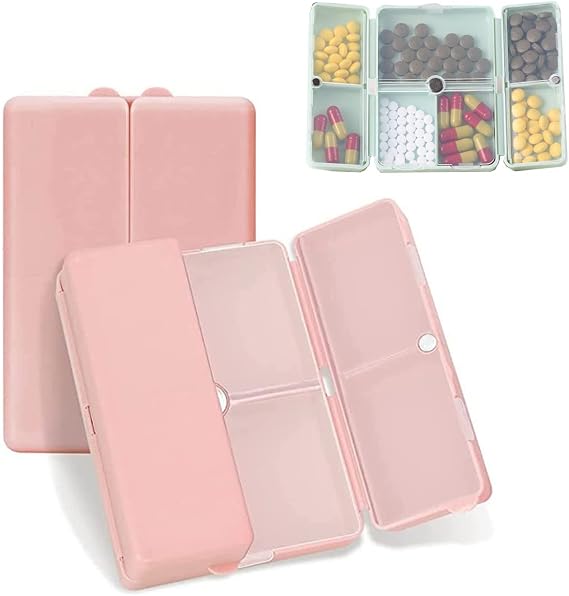 7 Compartments Portable Pill Case, Foldable Pill Organizer for Travel, Portable Daily Pill Case, Pocket Pharmacy with Labels, Magnetic Travel Pill Box (Pink)