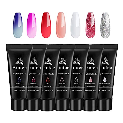 Poly Extension Gel Set, 7 Colors Poly Nail Builder Gel Temperature Color Change Glitter Clear Pink Nail Extension Gel Enhancement Set for Manicure Starter DIY at Home