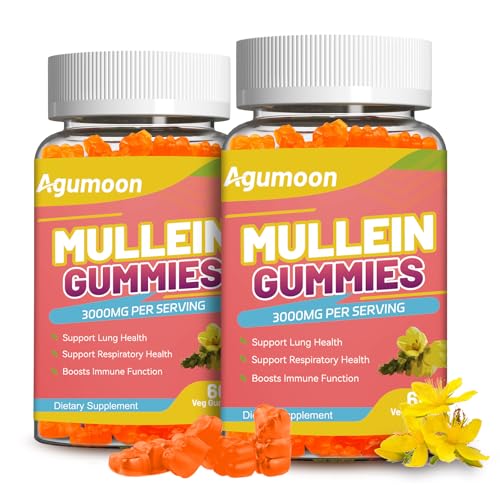 2PACK 3000MG Mullein Gummies, Extra Strength Mullein Leaf Extract with Quercetin, Bromelain for Lung Detox & Immune Support, Mango Flavor, 120 Count
