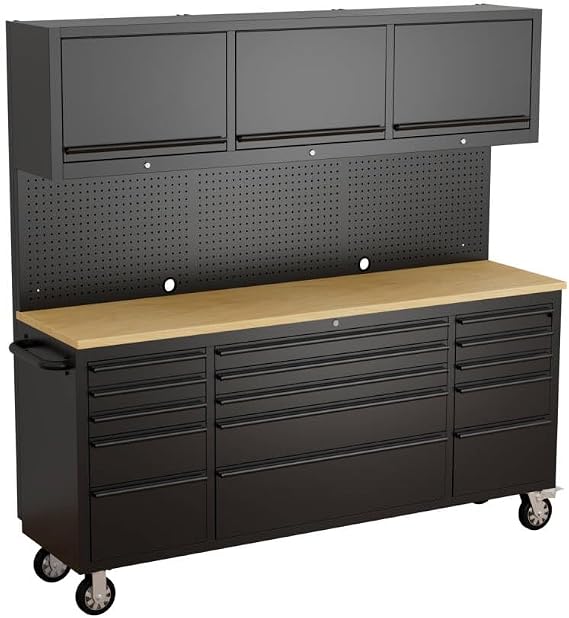 72-inch Heavy Duty Tool Chest & Rolling Workbench with 15 Drawers, Wheels,3 Upper Cabinet& Pegboard, for Garage, Shop, Workshop Use,Black | Large Steel Tool box, Lockable Wheels, Wood Top, 3 Upper Cabinets, Pegboard, for Garage, Workshop, Warehouse
