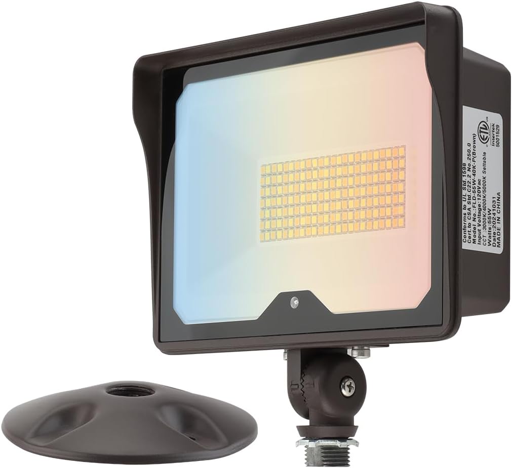 55W LED Flood Light with Dusk-to-Dawn Photocell, 3000K4000K5000K Selectable, 120V 6600lm IP65 Waterproof Knuckle Mount Outdoor Security Lights, ETL Listed