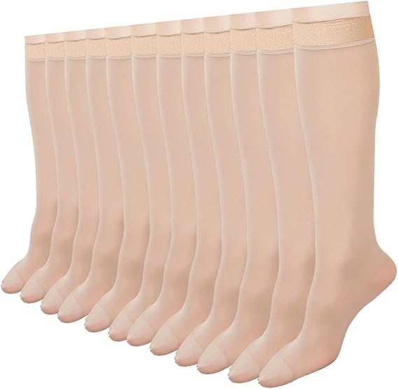 12 Pairs Knee High Stockings for Women, 10D Nylon Sheer Knee High Socks Elastic Fine Sheer Socks with Reinforced Toes