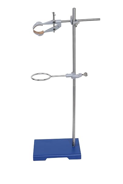 Upgraded 4 Piece Set - Rectangular Retort Stand, Rod, Clamp & Ring Set - 8"x5" Steel Base, 23.6" 2 Piece Stainless Steel Rod, 3" Steel Support Rings, 4-Pronged Cork-Lined Clamp - Eisco Labs