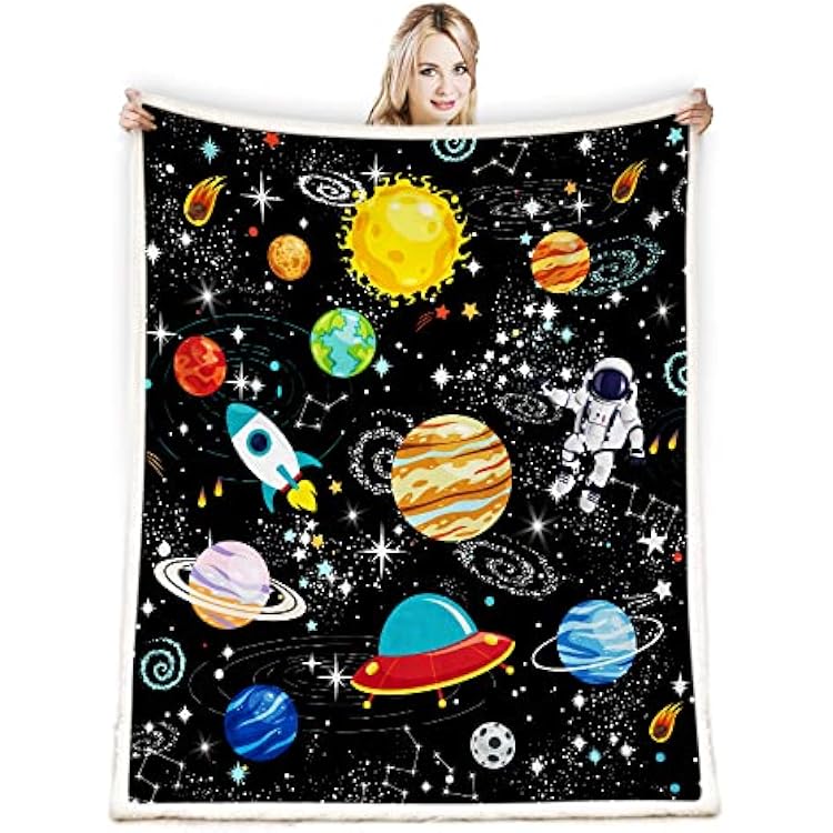 Outer Space Blanket for Boys - Constellation Solar System Fleece Ultra Soft Galaxy Rocket Planet Kids Gift for Birthday, Bed, Couch, Sofa, Living Room Decor