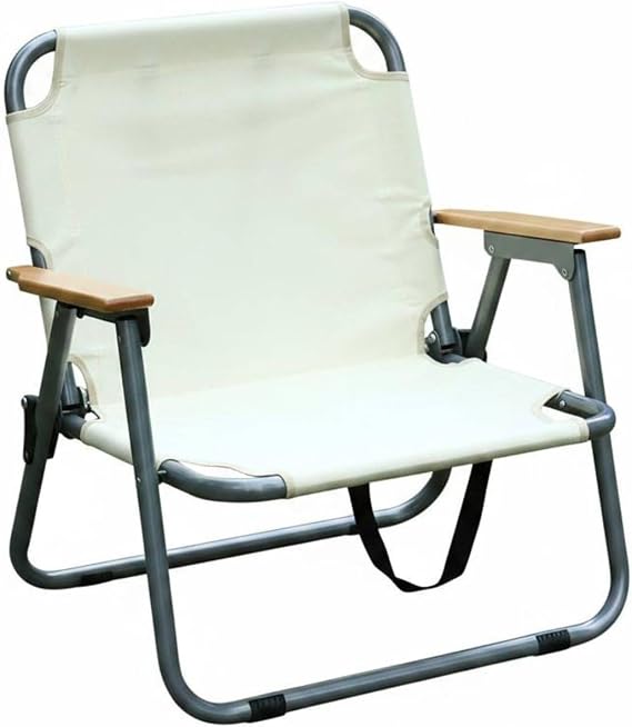 Portable Camping Chair Foldable Folding with Wooden Armrests No Assembly Required Beach Outdoor Chair for Anglers, Patio, Beige, Single Chair