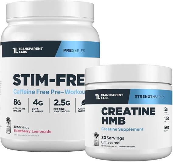 Transparent Labs Stim-Free Pre-Workout (30 Servings, Strawberry Lemonade) & Creatine HMB (30 Servings, Unflavored)
