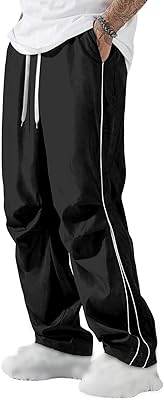 Mens Casual Drawstring Parachute Pants Baggy Elastic Waist Pants Side Stripes Athletic Loose Tousers with Pockets