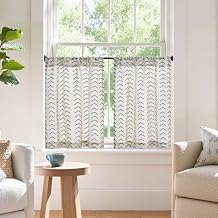 jinchan Arrow Boho Linen Blend Kitchen Curtains 24 Inch Length Herringbone Printed Tier Curtains for Small Windows Bathroom Cafe Laundry Room Set of 2 Rod Pocket Blue on Beige