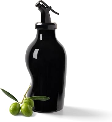 Ceramic Oil Dispenser Bottle with Acrylic Spout - Mini Kitchen Oil & Vinegar Cruet for EVOO, Avocado Oil - Easy-Grip Design, Compact Size 285ml - Black