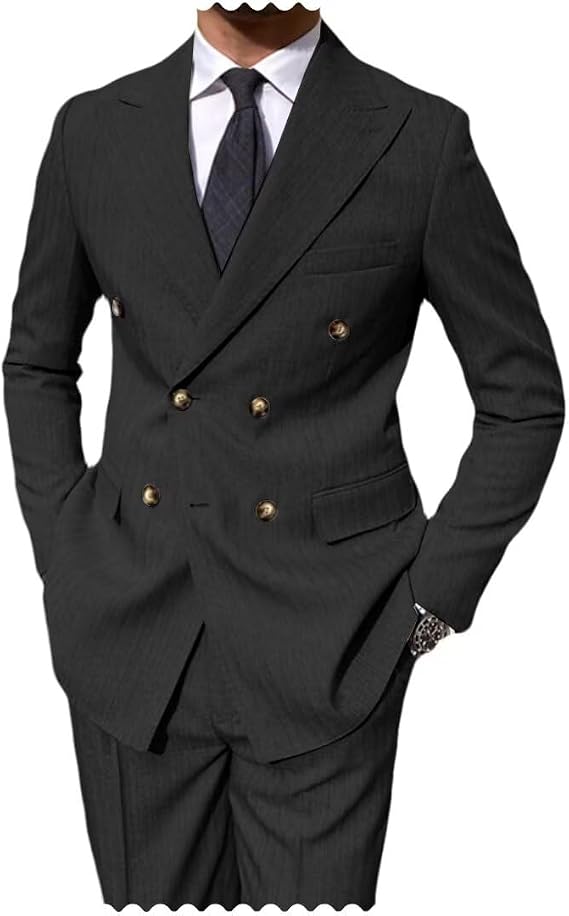 Men's 2 Piece Tweed Herringbone Business Suit Slim Double Breasted Striped Suit