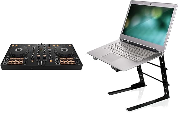 Pioneer DJ DDJ-FLX4 2-deck Rekordbox and Serato DJ Controller - Graphite & Pyle Portable Adjustable Laptop Stand - 6.3 to 10.9 Inch Anti-Slip Standing Table Monitor