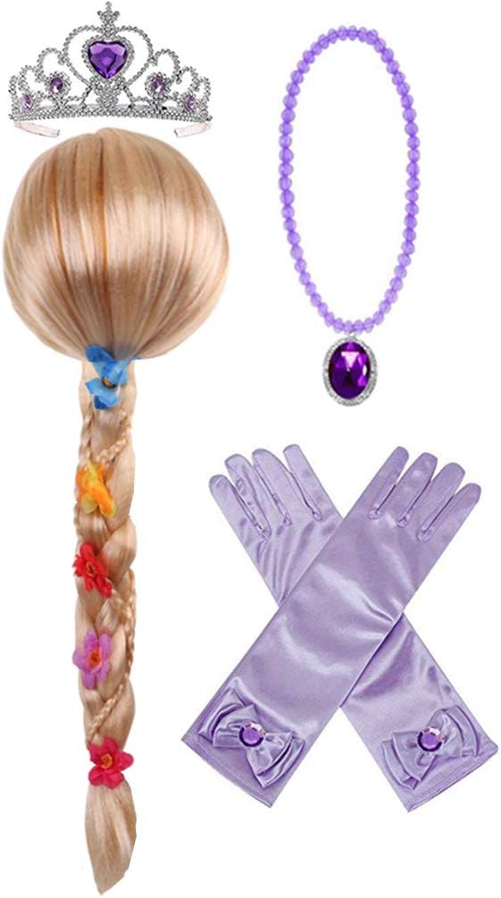 Princess Rapunzel Wig Braid with Princess Tiara Necklace Gloves Rapunzel Dress Up Costume Cosplay Accessories for Kids Girls