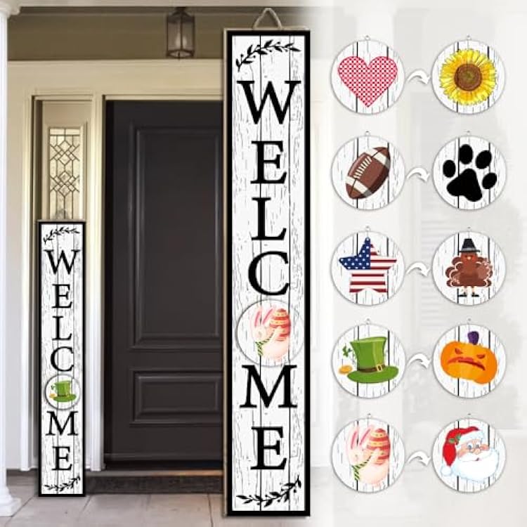 Nialnant Welcome Sign for Front Door, 47 x 7.9 Standing Large Wooden Welcome Porch Door Signs with Interchangeable Icons Sign for St Patricks Day Front Porch Yard Outdoor Decor, White