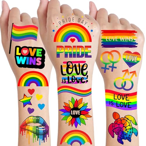 24 Sheets Pride Tattoos Temporary, Bulk Temp LGBT Rainbow Gay Pride Face Tattoos Sticker, Rainbow Flag Temporary Tattoos for Women Men Adult, Pride Equality Parades Celebration Rave Party Accessories