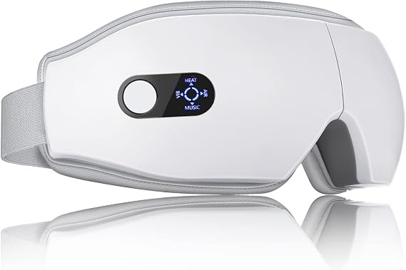 NOWWISH Eye Massager with Heat, Vibration and Bluetooth Music for Migraine Headache Relief, Cordless Heated Eye Mask with 6 Massage Modes, Relaxation -Mothers Day Gifts for Mom Wife -White