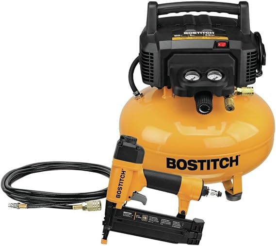 Bostitch 6 Gallon Pancake Air Compressor and 18Gauge Brad Nailer Kit, 150 PSI, 2.6 SCFM @ 90 PSI