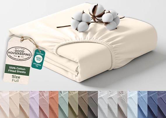 Royale Linens 100% Organic Cotton Full Fitted Sheet Only - Percale Weave - Super Soft Deep Pocket Bottom Sheets - Cream Elastic Sheet - Full Size Fitted Sheets Only - (54"x75"+15", Cream)