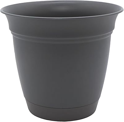 The HC Companies Eclipse Round Planter with Saucer - Outdoor & Indoor Plant Pot with Drainage Holes - Lightweight, UV-Resistant Plastic Pots for Plants, Flowers & Herbs 16 Warm Gray, Pack of 1