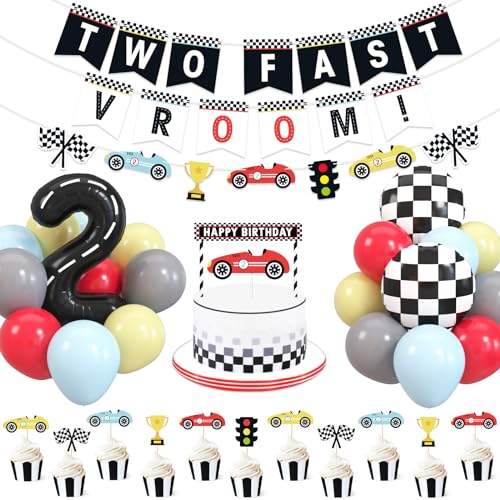 Bessmoso Vintage Two Fast Birthday Race Car Party Decorations Supplies Racing Theme 2nd Birthday Banner Cake Topper Checkered Flags Number Balloons for Lets go Racing Theme Sports Event Party Decor