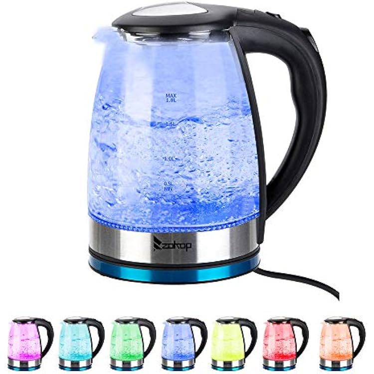 Electric Kettle Auto shut-off & Boil-Dry Protection Electric Tea Kettle 1500W 1.8 Liter kettle with 7 colors LED light,Stainless Steel & Borosilicate Glass & BPA-Free Plastic