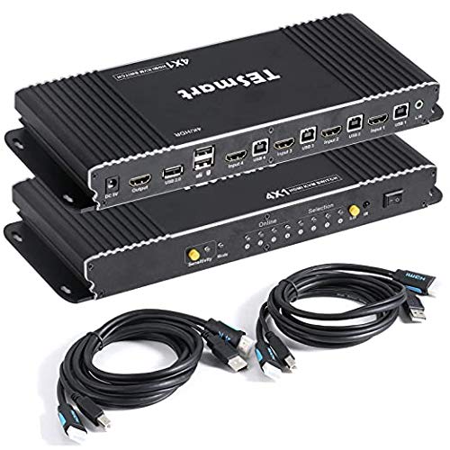 TESmart HDMI KVM Switcher Support UHD 4K 60Hz USB 2.0 Devices with 2 Pcs 5ft KVM Cables 4 in 1 Out -4K@60Hz-Ver 2.0