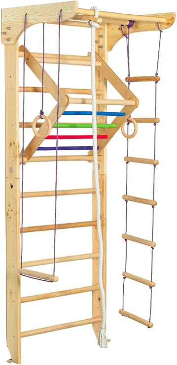 Wooden Sport Ladder Set - Swedish Ladder w/Pull Up Bar, Rope Attachments, Monkey Triangle - Wall Stall Bars for Kids and Adults