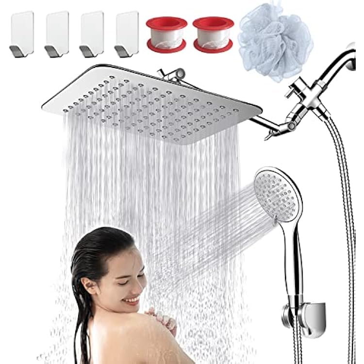 COSYLAND 10 Rainfall Shower Head with Handheld Combo High Pressure 5 Settings with 11 Extension Arm 60 Hose, Chrome Finish Bath Shower head, HeightAngle Adjustable, Silver