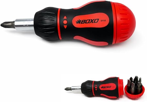 BOXO USA Ratcheting Screwdriver Set - 7-in-1 Multi Bit Driver with Bit Storage Handle (Twist-Off Lid), Magnetic Holder, Forward/Reverse Ratchet, Ergonomic Grip (Red/Black)