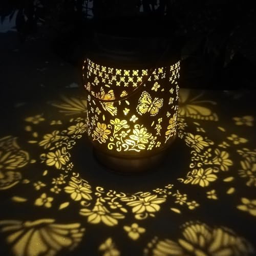 Solar Garden Lantern Outdoor Waterproof, Hanging Butterfly Decorative Lamp with Handle, Retro Metal Decoration for Yard Patio Porch Table Pathway Walkway