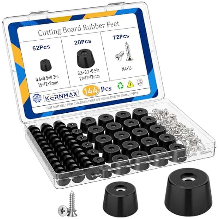 144Pcs Rubber Feet for Cutting Board, Non-Slip Cutting Board Feet with 304 Stainless Steel Screws, 2 Sizes Screw-on Rubber Bumpers Pads for Furniture, Electronics, Cabinets and Tables