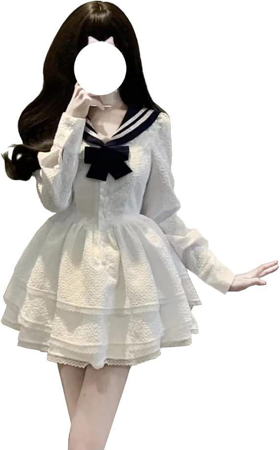 Women Japanese Sailor Collar Slim High Waist Sexy Mini Dress Solid Color Long Sleeve Sweet Layered Cute Dresses