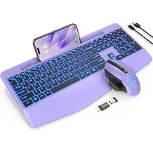 Wireless Keyboard and Mouse Backlits, Wrist Rest, LED Mouse, Rechargeable Ergonomic Keyboard with Phone Holder, Silent Light Up Combo for Computer, Mac, PC, Laptop, Chromebook (Purple)