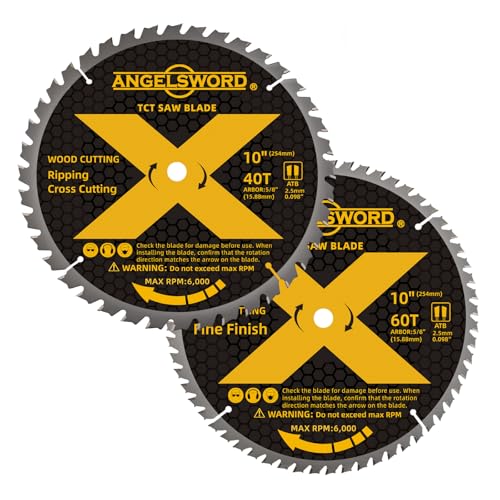 ANGELSWORD 10 Inch Table Saw BladeMiter Saw Blade, 40T for Ripping, Cross Cutting&60T for Fine Finish Wood Cutting, 2 Pack