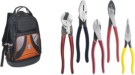 Klein Tools 55421BP-14 Tool Bag Backpack, Heavy Duty Tradesman Pro Tool Organizer & Dipped Plier Kit, Diagonal-Cutting, Needle-Nose, Side-Cutting High Leverage Linesman Pliers