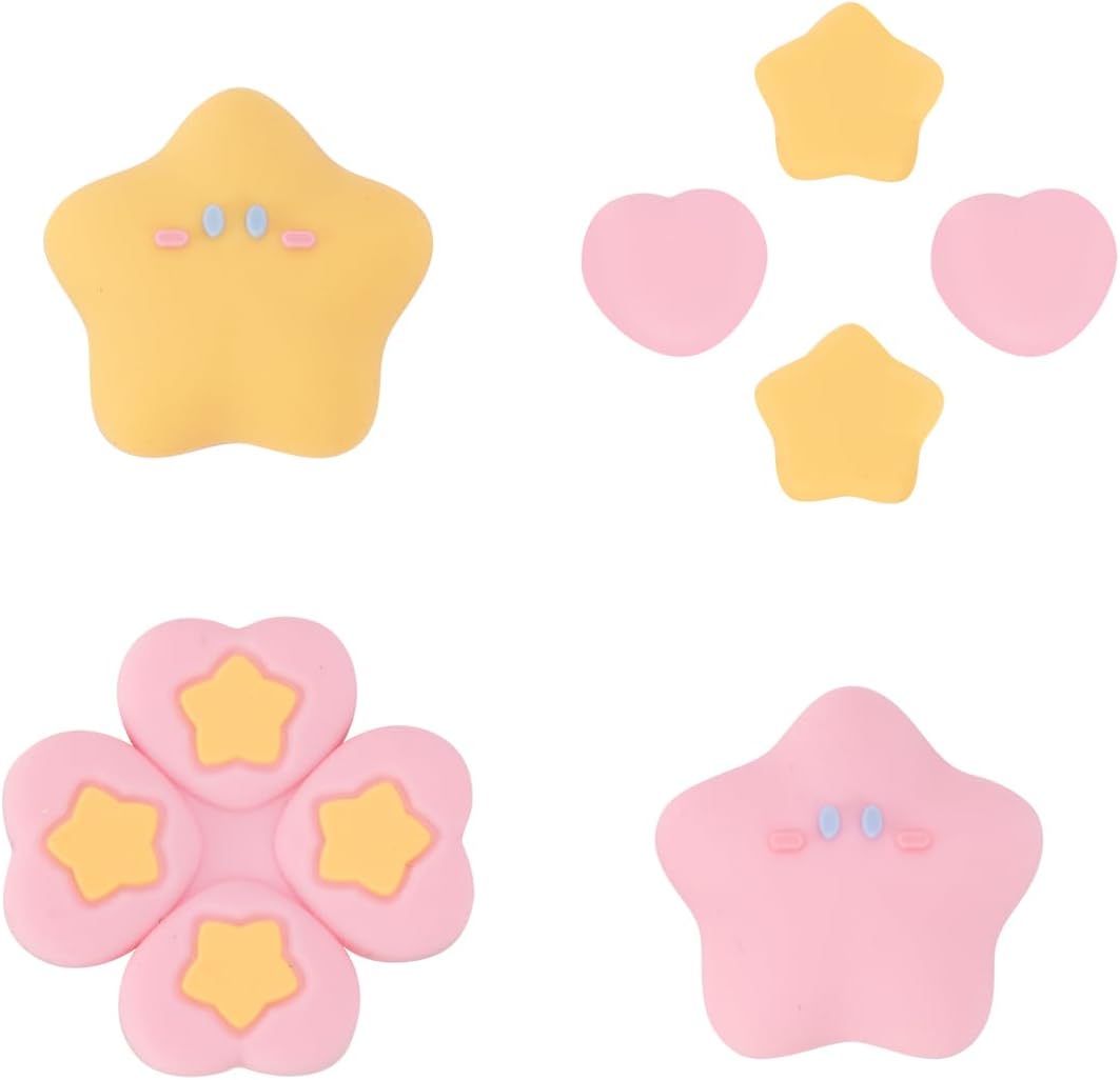 Yocore Cute Switch D-Pad Button Caps Silicone Thumb Grips Set, ABXY Key Buttons Sticker Joystick Cover Caps for Nintendo SwitchOLED - Pink Yellow Stars
