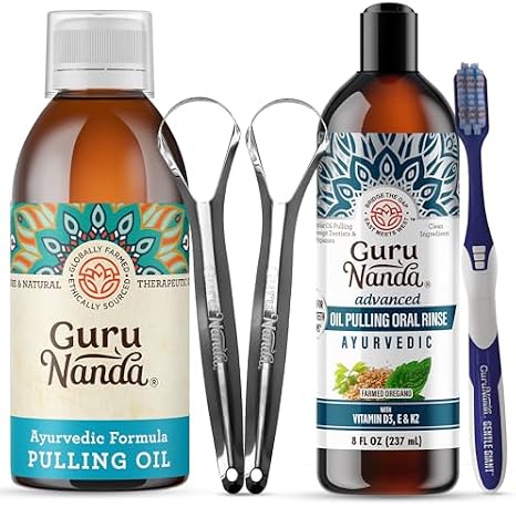 GuruNanda Original Oil Pulling, Fluoride Free Vegan Natural Mouthwash & Advanced Formula Oil Pulling - Natural Coconut Oil Mouthwash with Essential Oils
