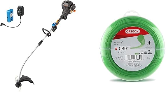 LawnMaster NPTGCP2517B No-Pull Gas String Trimmer with Electric Start 25cc 2 Cycle & Oregon 21-380 Gatorline 1-Pound Round String Trimmer Line, .080-inches x 413-feet Fits Most Weed Whacker