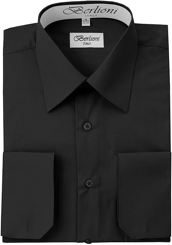 Men's Long Sleeve Dress Shirts | Solid Colors & Convertible Classic French Cuffs | Roomiest Fit Button Up Dress Shirt | Cotton & Polyester Machine Washable Available Black