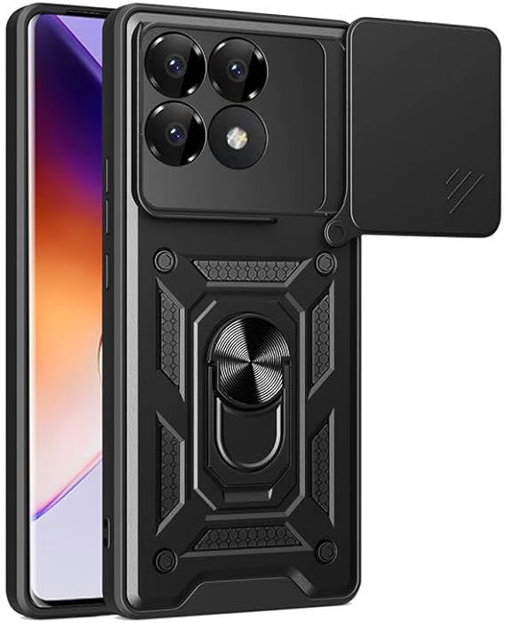 Xiaomi Poco F6 Pro için Kamera Korumalı Zırhlı Manyetik Standlı Satürn Kapak Siyah