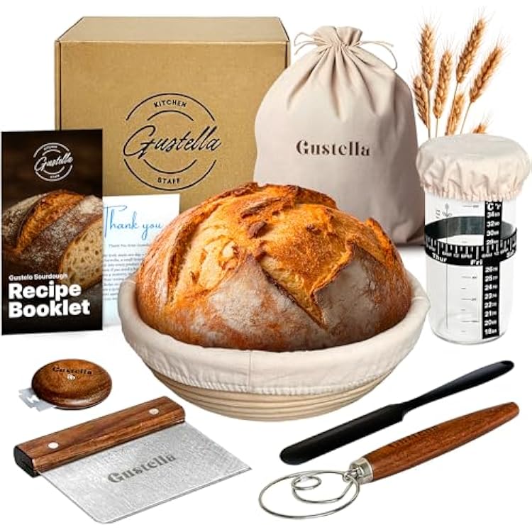 Sourdough Starter Kit Bread Proofing Basket Set with Jar, Banneton with Liner, Dough Whisk, Lame, Scraper Sourdough Bread Baking Supplies for Beginners