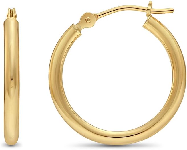 14k Yellow Gold Classic Shiny Polished Round Hoop Earrings, 2mm tube