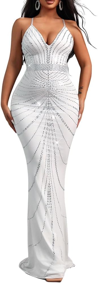 Womens 2025 Elegant Maxi Mermaid Formal Gown - V Neck Corset Sparkly Rhinestone Evening Dress