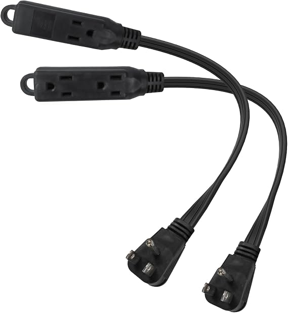 EP 1 Ft 16/3 3 Outlet Extension Cord with Flat Plug 2 Pack, Black | 16 Gauge 3 Prong Grounded, SPT-3 Power Cable for Indoor Use, ETL Listed