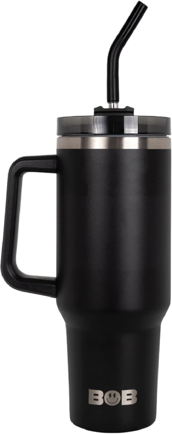 BOB THE COOLER CO 40Oz Heavy Duty Double Wall Vacuum Insulated Tumbler with Straw and Handle, Made of Stainless Steel, Great for Travel, Beach, More (Black)