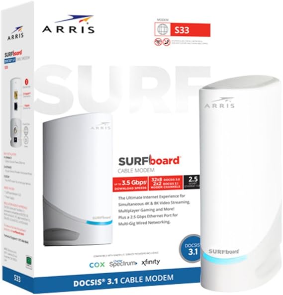ARRIS Surfboard S33 DOCSIS 3.1 Multi-Gig Cable Modem | Up to 2.5 Gbps | One 2.5 GbE + one 1 GbE port; ideal for Xfinity, Cox, Spectrum gigabit plans; modem only, Wi-Fi router required.
