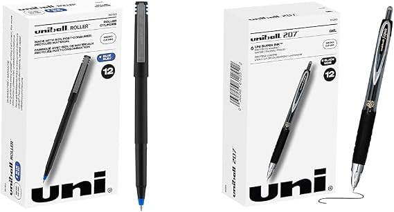 uni-ball Roller Rollerball Pens Fine Point Micro Tip, 0.5mm, Blue, 12 Pack & uniball Gel Pens, 207 Signo Gel with 0.5mm Micro Point, 12 Count, Black Pens are Fraud Proof